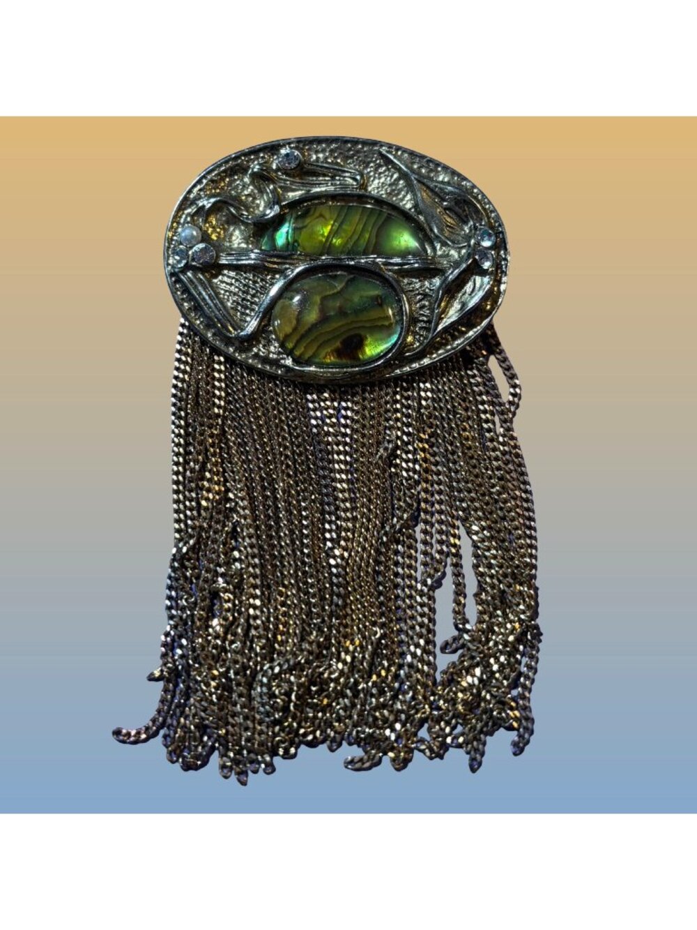 Art Nouveau Style Abalone Gold Chain Fringe Brooch Pin Statement Piece Vintage